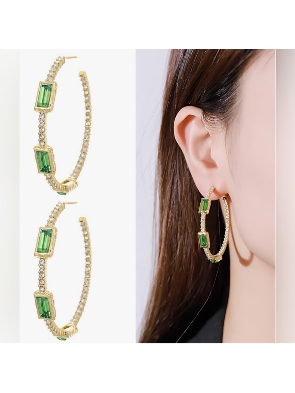 Retail 350 14k Gold Plated Hoop Diamomd Gemstone Emerald Earrings